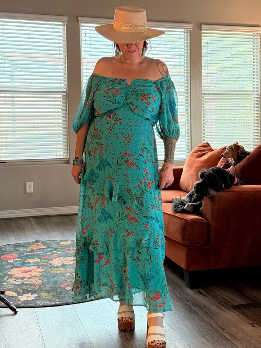Jessica Simpson Teal Floral Off-Shoulder Tiered Maxi Dress